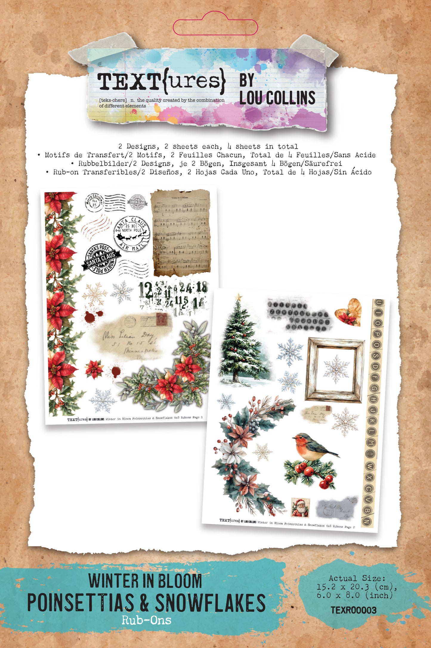 TEXT(ures) Winter in Bloom Poinsettias & Snowflakes 6" x 8" Rub-On Transfer Set